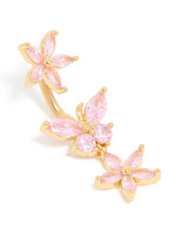Gold Plated Surgical Steel Pink Cubic Zirconia Flower Drop Belly Bar