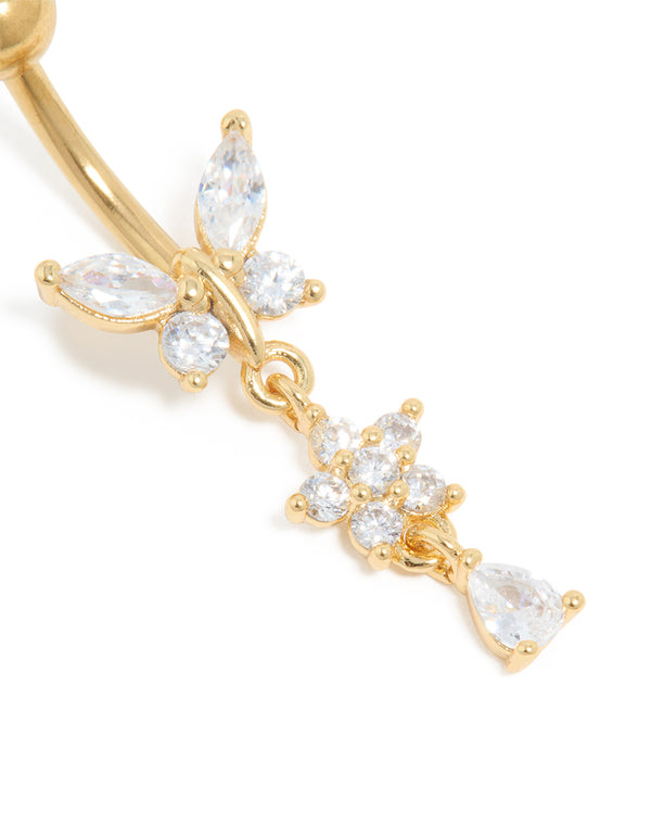 Gold Plated Surgical Steel Cubic Zirconia Butterfly Flower Drop Belly Bar
