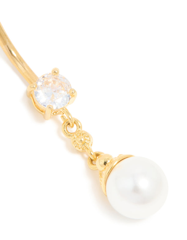 Gold Plated Surgical Steel Pearl & Cubic Zirconia Belly Bar