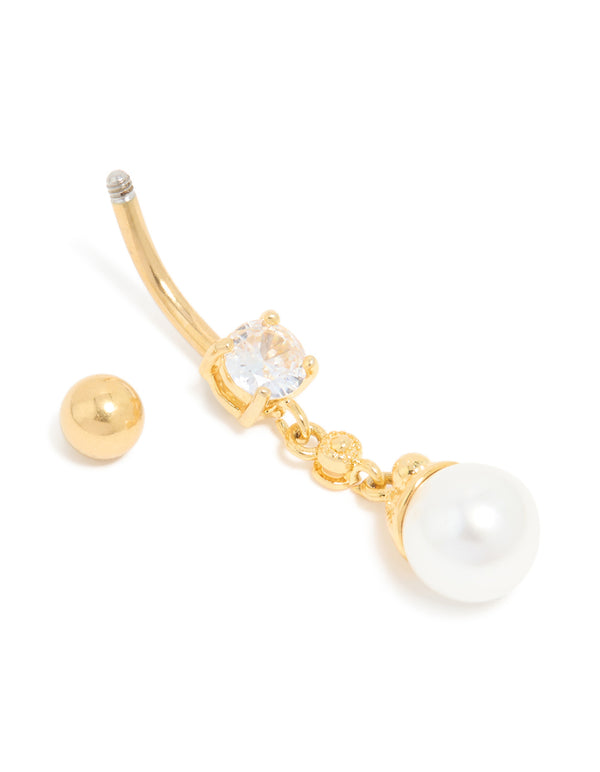 Gold Plated Surgical Steel Pearl & Cubic Zirconia Belly Bar