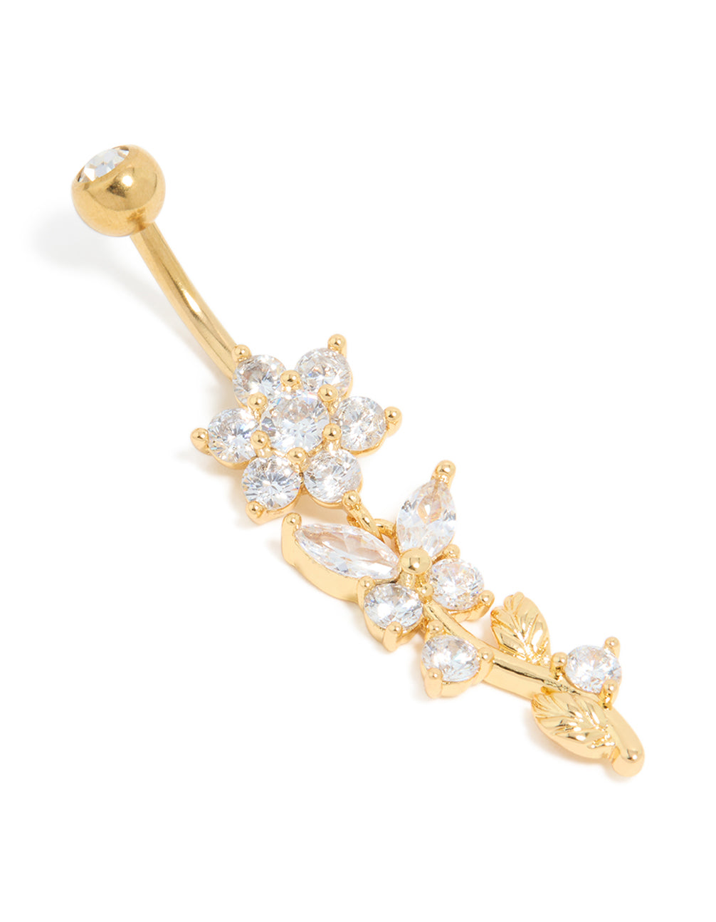 Gold Plated Cubic Zirconia Large Flower Vine Drop Belly Bar