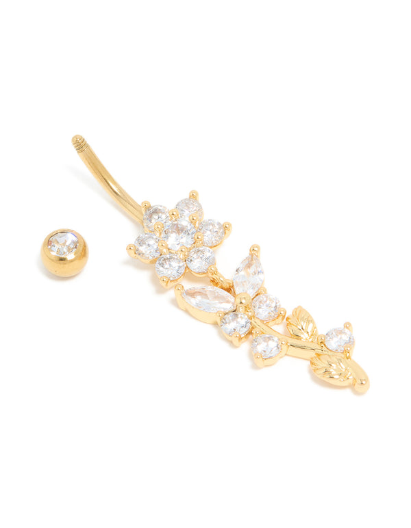 Gold Plated Cubic Zirconia Large Flower Vine Drop Belly Bar