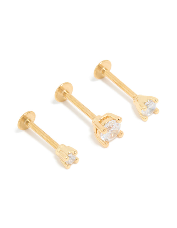 Gold Plated Surgical Steel Cubic Zirconia Flat Back Studs 3-Pack
