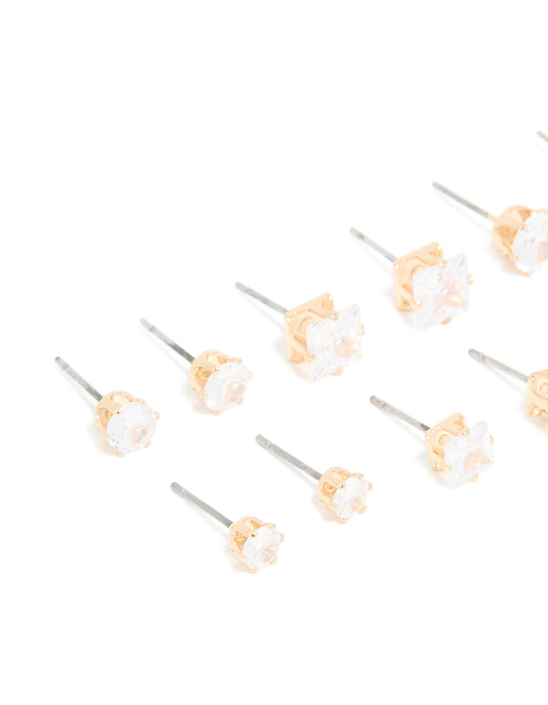 Gold Cubic Zirconia Multi-Sized Stud Earrings 6-Pack