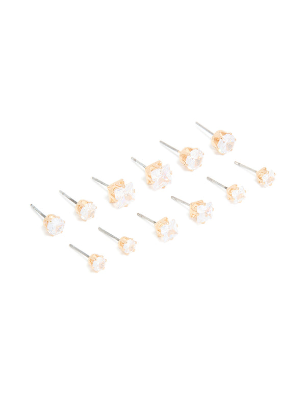 Gold Cubic Zirconia Multi-Sized Stud Earrings 6-Pack