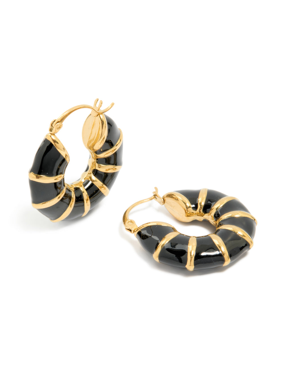 Showcasing statement hoop earrings crafted from waterproof stainless steel, featuring black enamel bamboo detailing with plated finish in gold front view