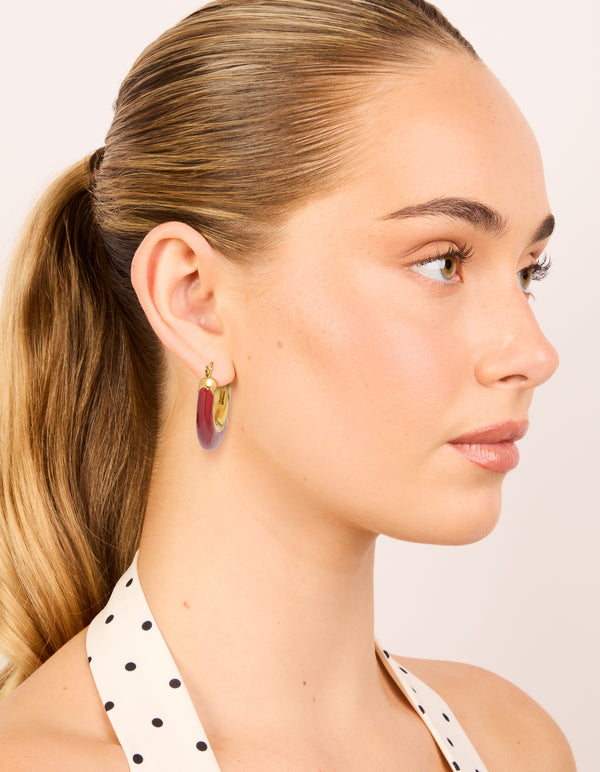 Waterproof Gold Plated Stainless Steel Long Red Enamel Hoop Earrings