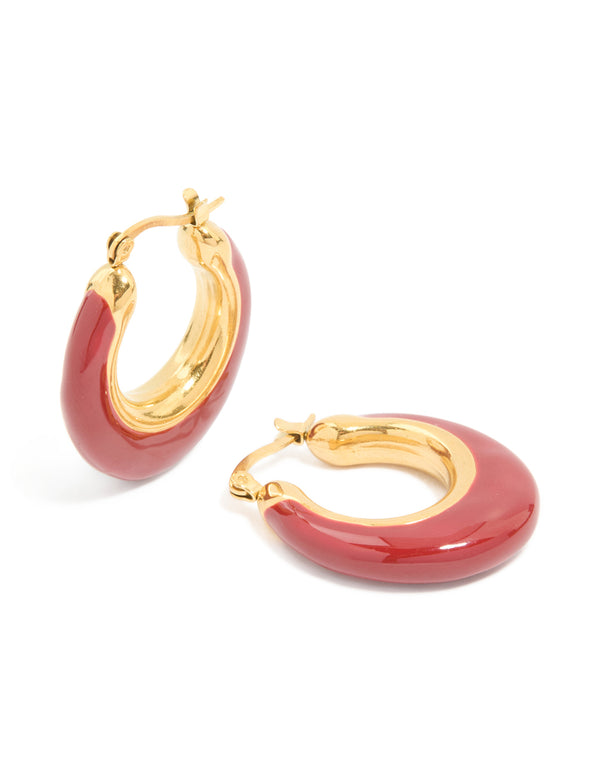 Waterproof Gold Plated Stainless Steel Long Red Enamel Hoop Earrings