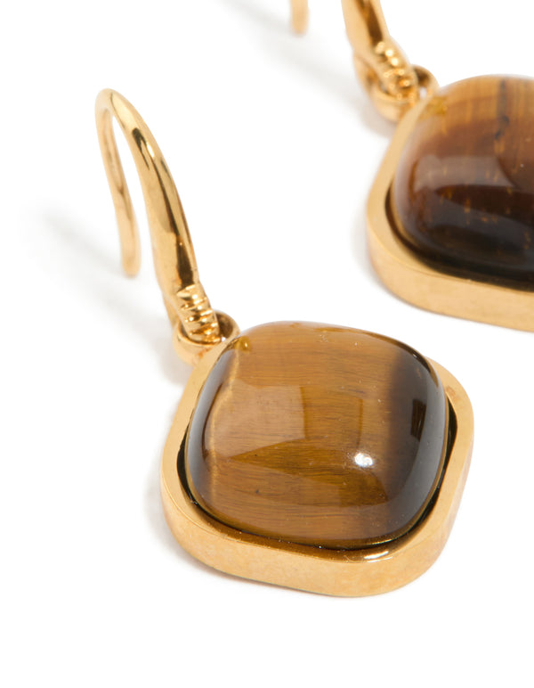 Waterproof Gold Plated Stainless Steel Tiger's Eye Semi Precious Stone Earrings