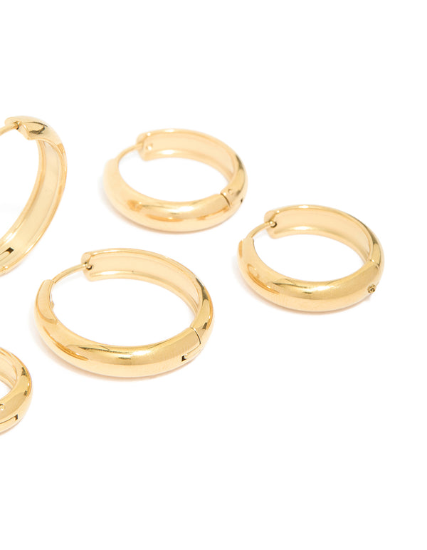 Presenting waterproof gold plated stainless steel chubby hoop earrings in a 3-pack with chunky closure post detail view