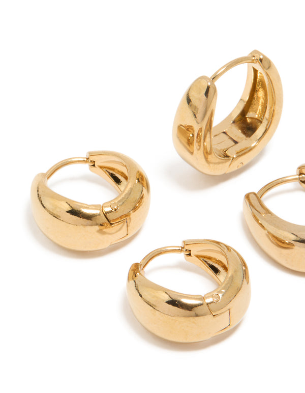 Designed with waterproof gold plated stainless steel, these chunky and chubby hoop earrings in a 2-pack close up view