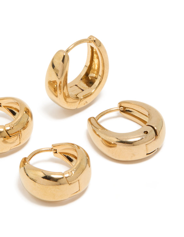 Highlighting waterproof gold plated stainless steel chunky and chubby hoop earrings in a 2-pack with internal hinge post detail view