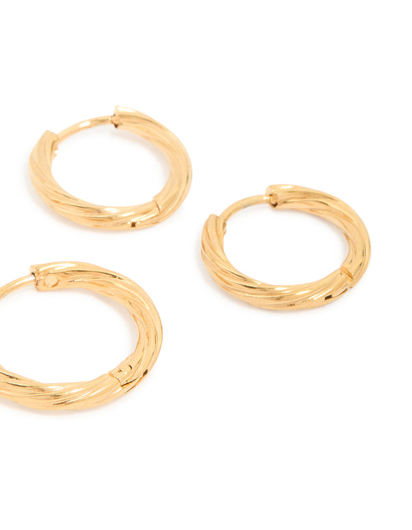 Presenting small wrap huggie earrings in waterproof gold plated stainless steel 3-pack in post detail view