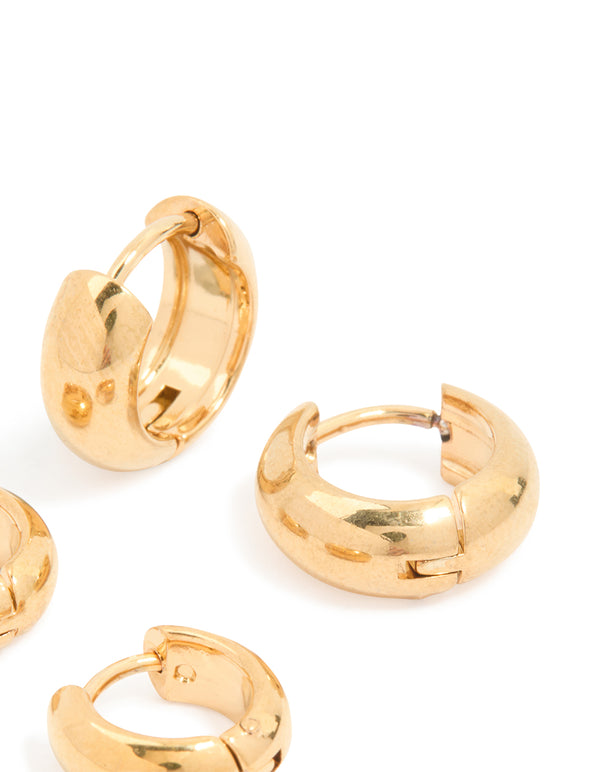 Waterproof Gold Plated Stainless Steel Small Chubby Huggie Earrings 2 Pack