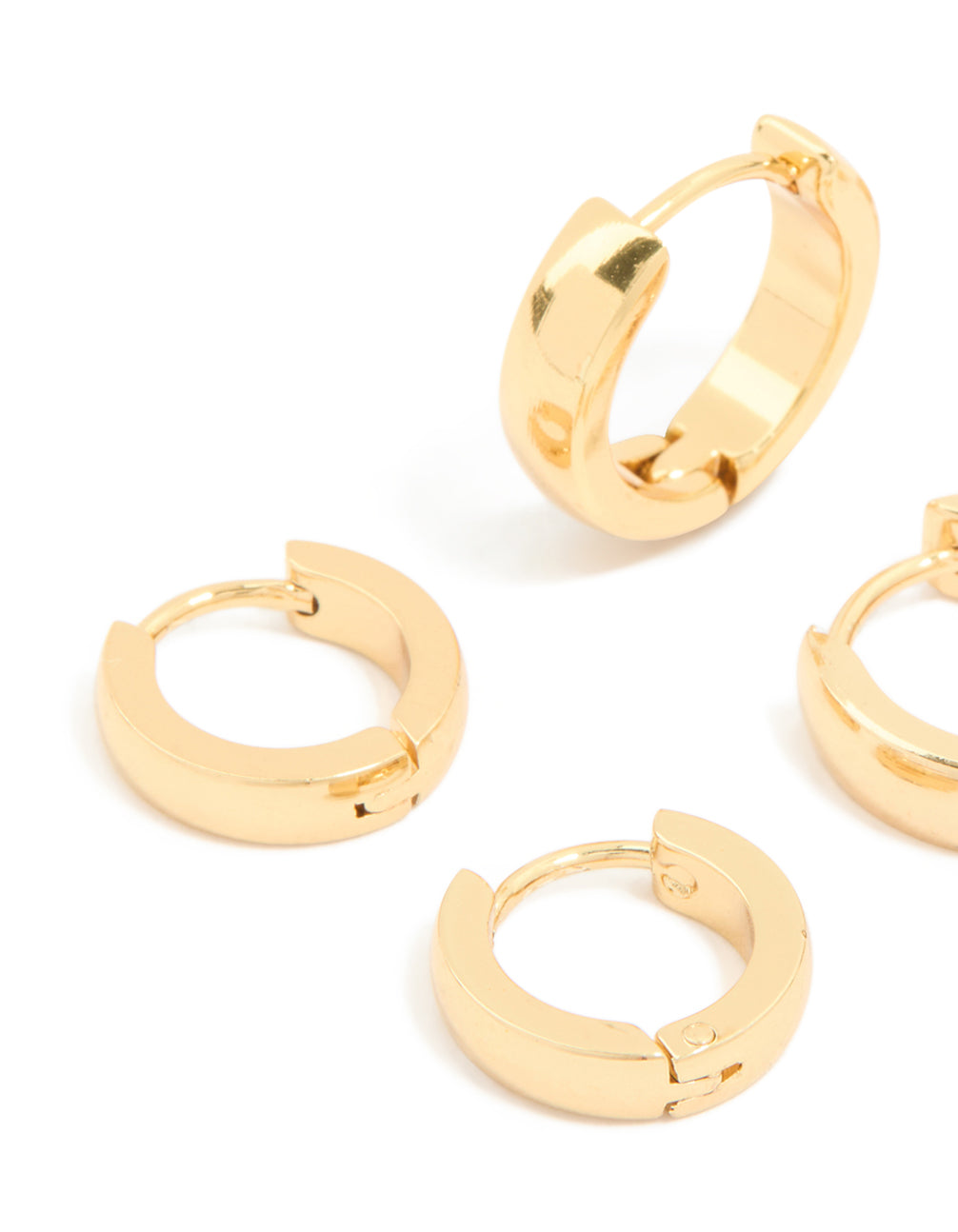 Waterproof gold plated stainless steel mix clicker hoop earrings in a 3-pack close up view