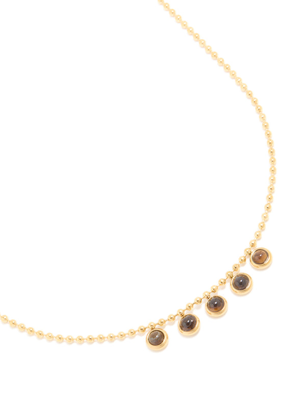 Waterproof Gold Plated Stainless Steel Bezel Tiger's Eye Semi Precious Stone Necklace