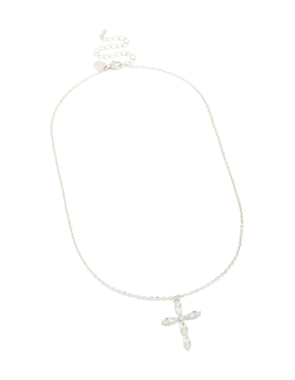 Featuring a waterproof stainless steel multi cubic zirconia large cross necklace with statement details in silver and clear front view