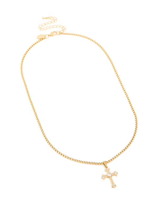 Crafted from waterproof gold plated stainless steel, this gothic cross pendant necklace features a dainty style front view