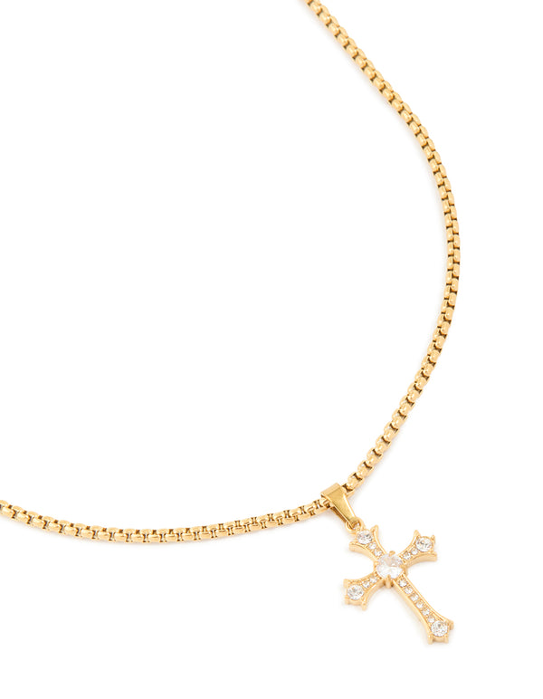 Showcasing a waterproof gothic cross pendant necklace in gold plated stainless steel featuring dainty style close up view