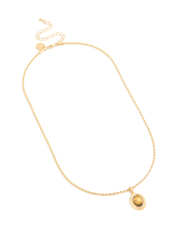 Designed with waterproof gold plated stainless steel featuring tiger's eye semi precious stone pendant necklace front view