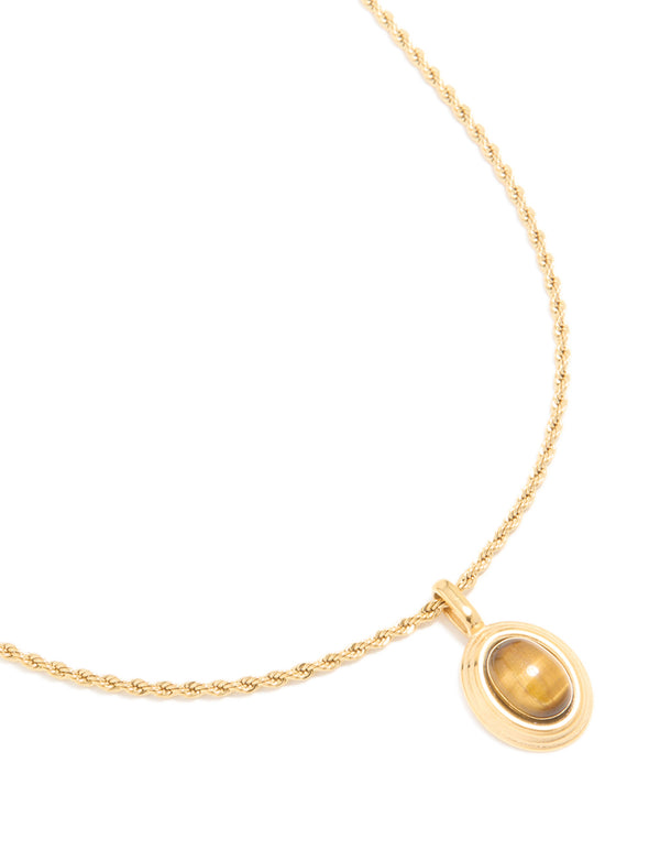 Showcasing a waterproof gold plated stainless steel tiger's eye semi precious stone pendant necklace close up view