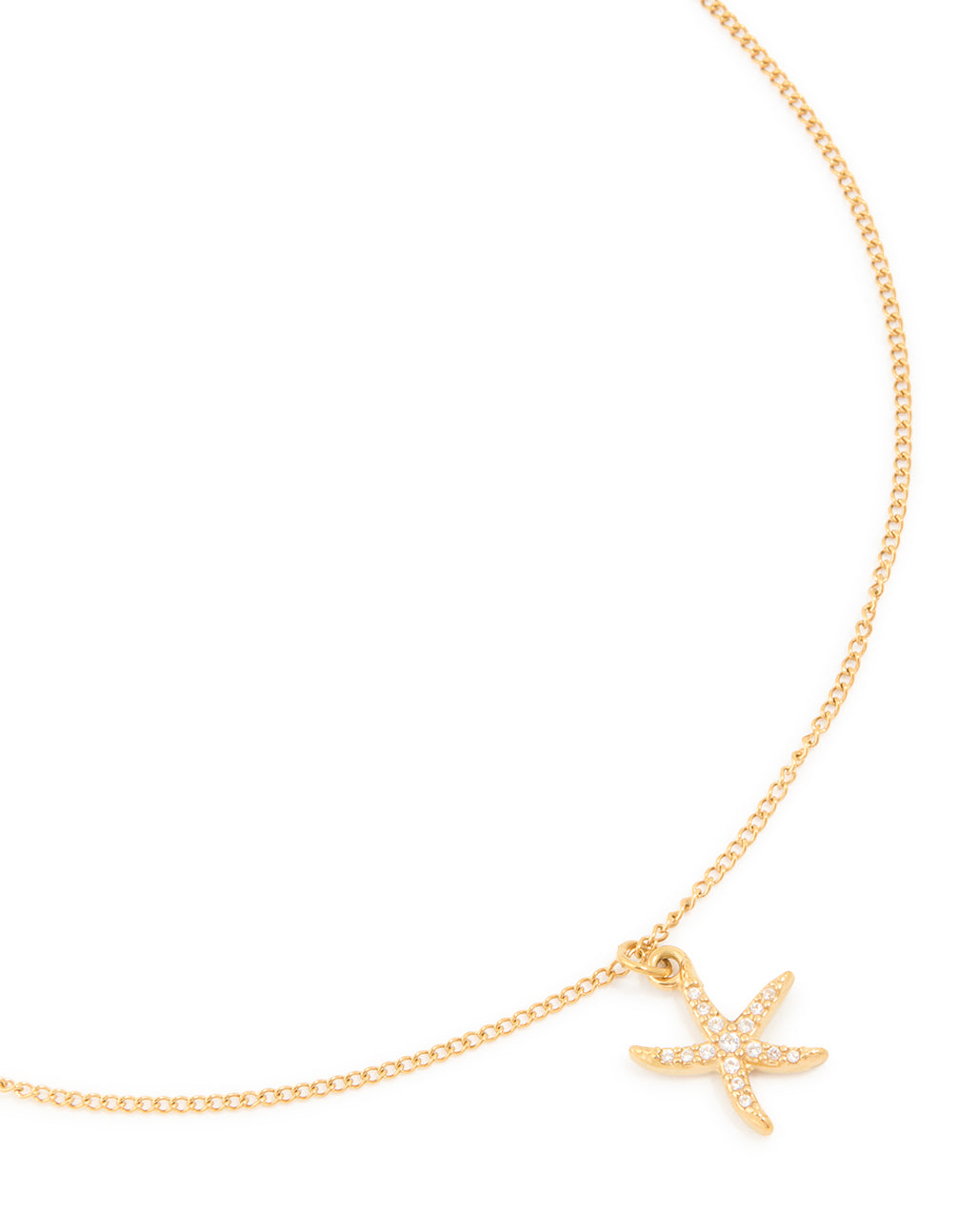 Beautifully crafted waterproof gold plated stainless steel cubic zirconia pavé starfish pendant necklace featuring ocean theme in close up view