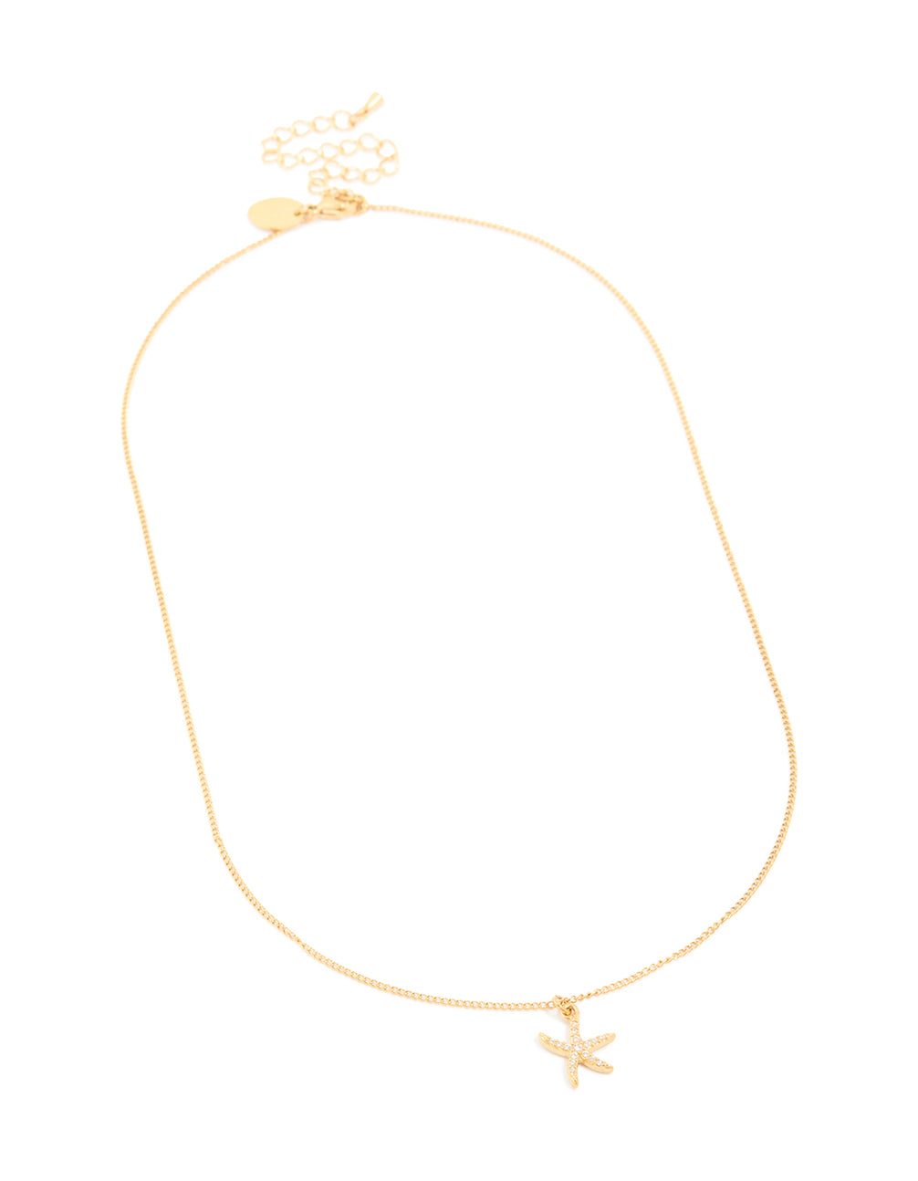 Showcasing waterproof gold plated stainless steel cubic zirconia pavé starfish pendant necklace with ocean theme in front view