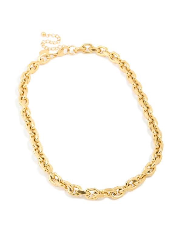 Showcasing a waterproof gold plated stainless steel thick chain necklace in chunky styling close up view