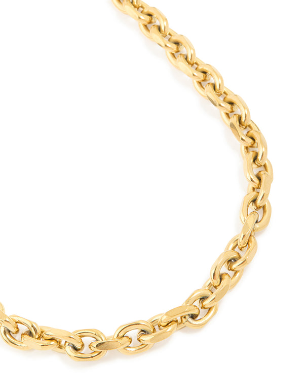 Showcasing a waterproof gold plated stainless steel thick chain necklace in chunky styling close up view