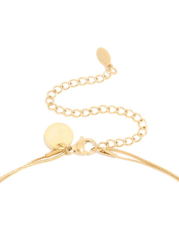 Discover a waterproof curved bar and chain layered necklace crafted from gold plated stainless steel clasp detail view