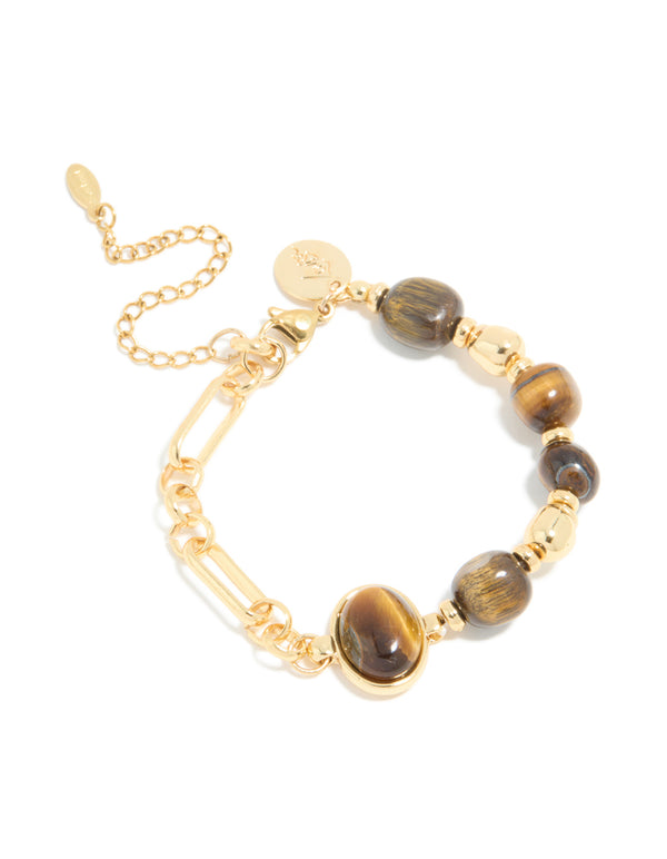 Showcasing a waterproof gold plated stainless steel bracelet with beads and tigers eye semi precious stone in brown front view
