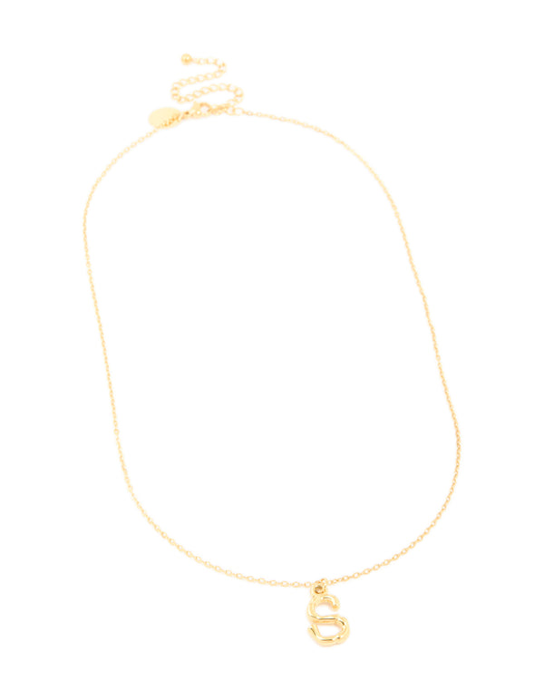 Presenting a waterproof initial necklace with bamboo letter S in gold plated stainless steel front view
