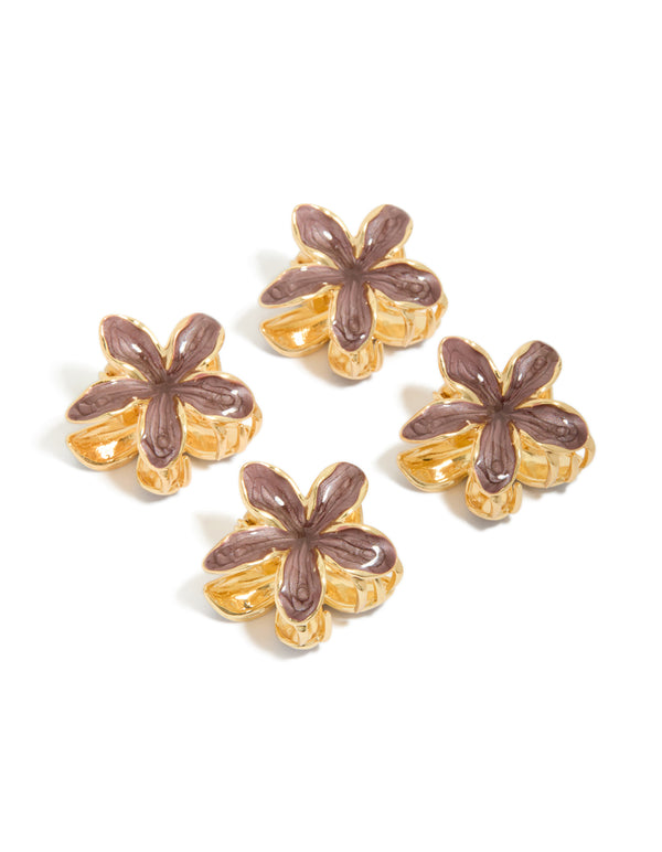 Showcasing gold small brown frangipani flower claw clips in a 4-pack front view