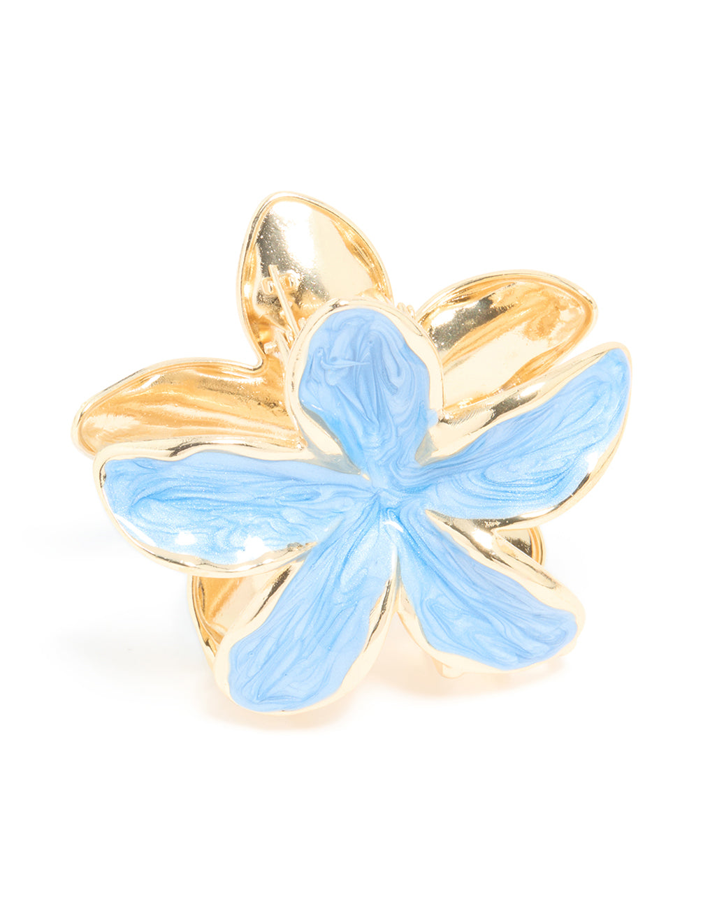 Showcasing light blue enamel frangipani flower claw clip in gold side view