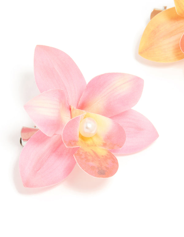 Pink & Orange Fabric Orchid Flower Hair Clips 2-Pack