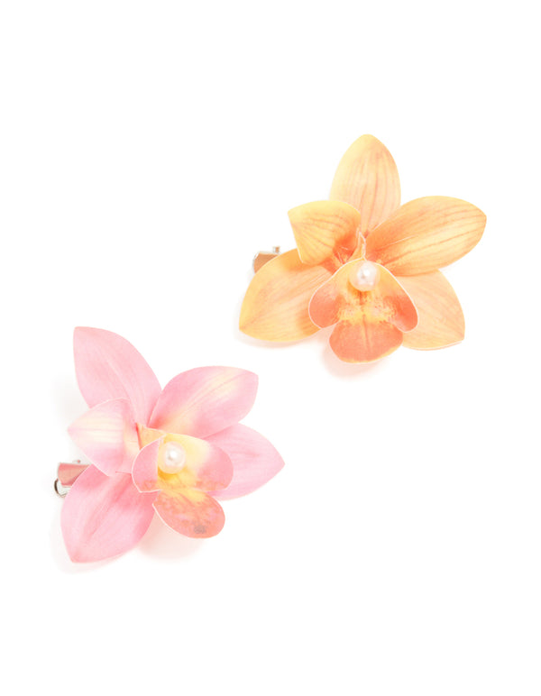 Pink & Orange Fabric Orchid Flower Hair Clips 2-Pack