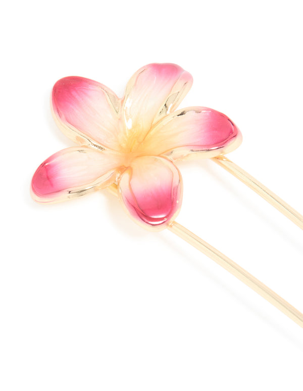 Gold Dark Pink Enamel Ombre Frangipani Flower Hair Pin
