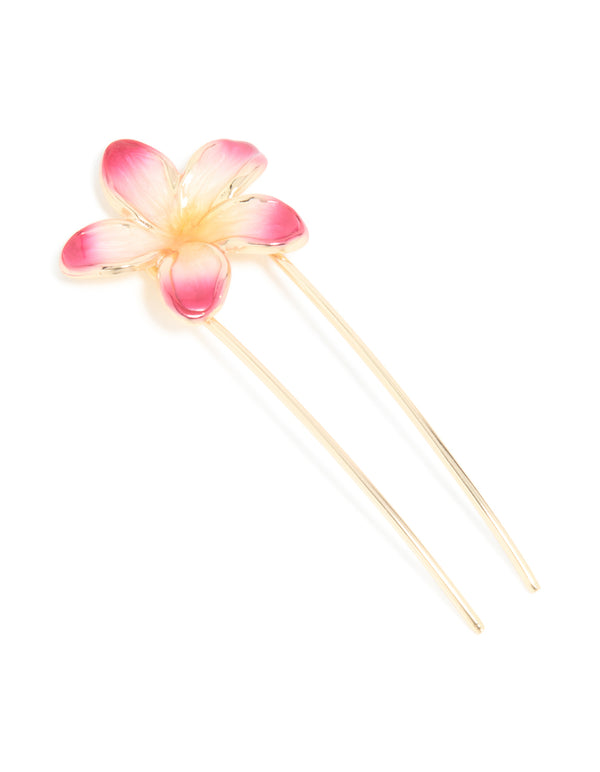 Gold Dark Pink Enamel Ombre Frangipani Flower Hair Pin