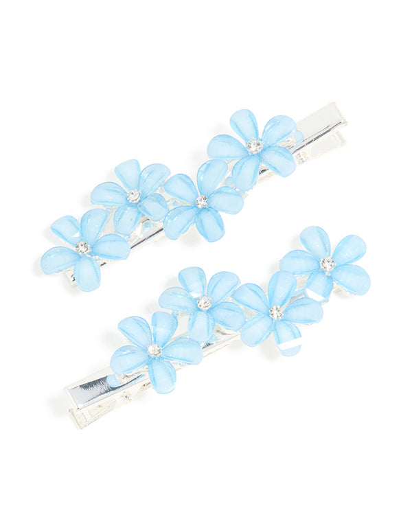 Silver Blue Diamante Mini Flower Clips 2-Pack