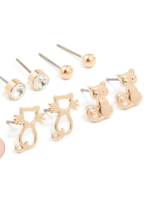 Kids Gold Bow & Cat Stud Earrings 6-Pack