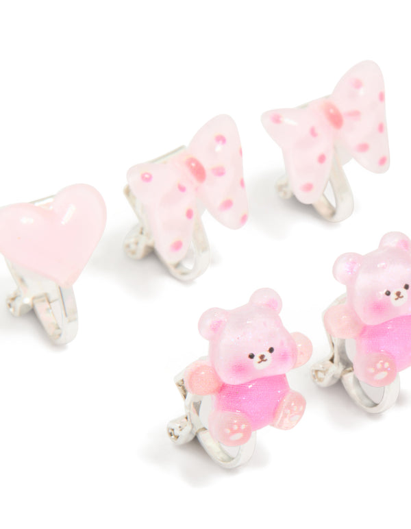 Kids Silver Bubble Bunny & Heart Clip-On Earrings 5-Pack