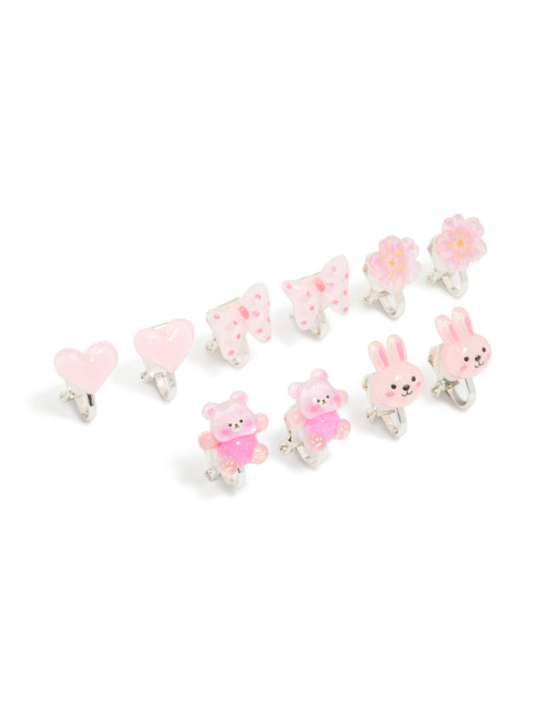 Kids Silver Bubble Bunny & Heart Clip-On Earrings 5-Pack