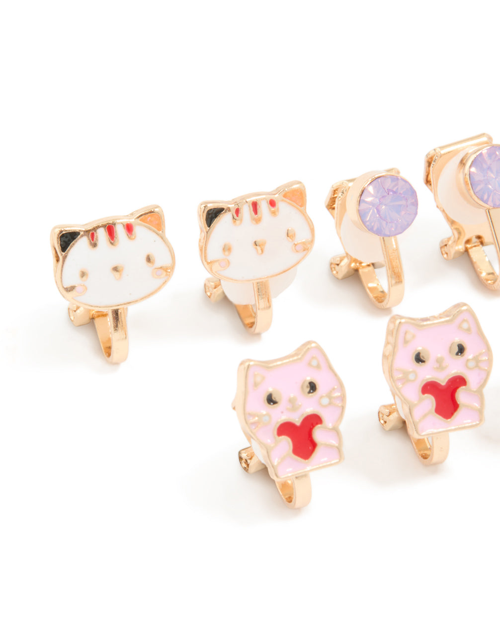 Kids Gold Pearl & Cat Clip On Earrings 5-Pack