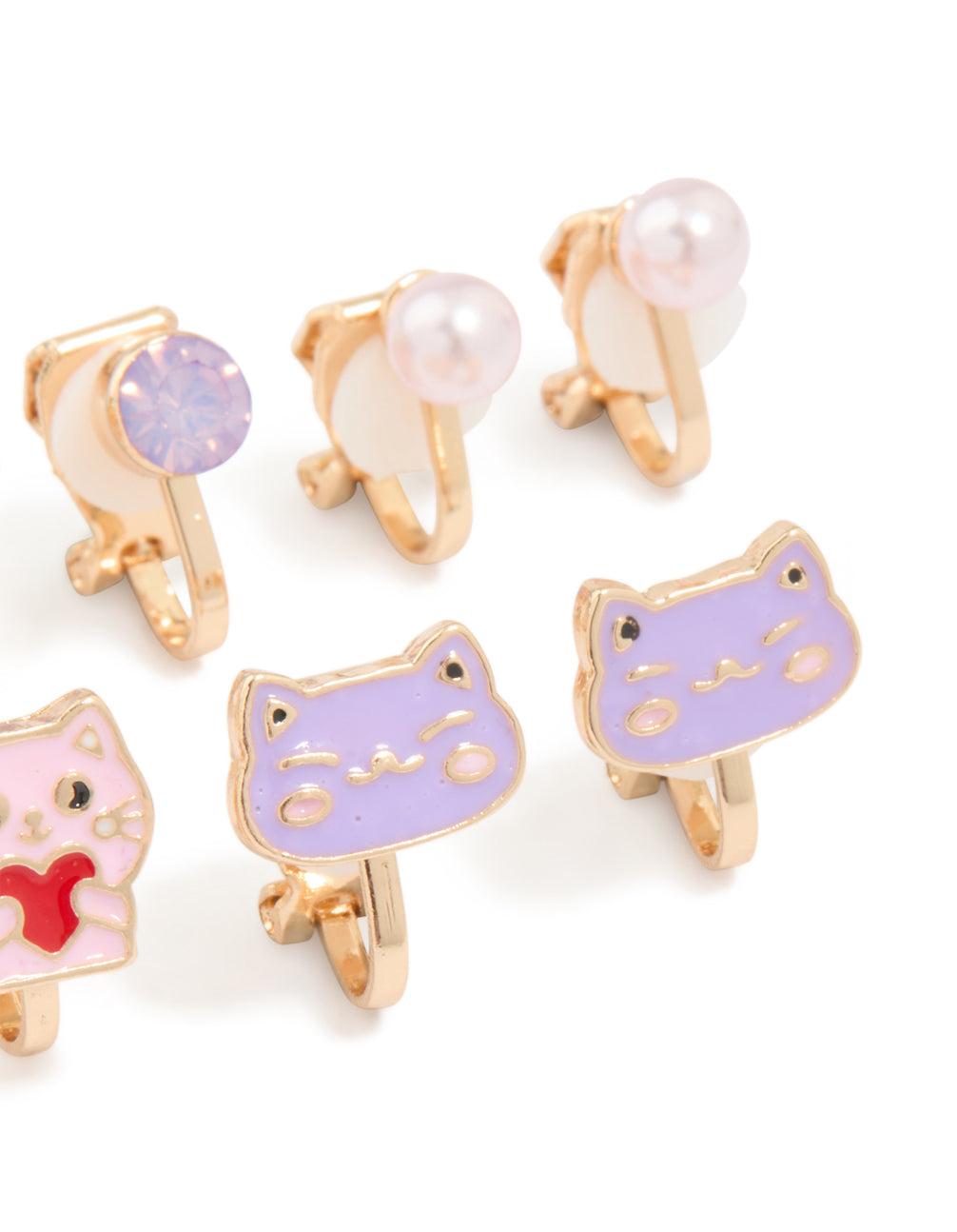 Kids Gold Pearl & Cat Clip On Earrings 5-Pack