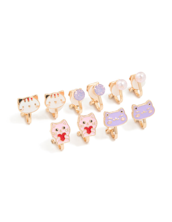 Kids Gold Pearl & Cat Clip On Earrings 5-Pack