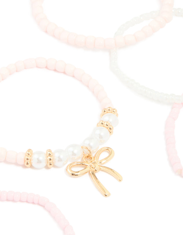 Kids Beaded Pearl Bow Stretch Bracelets 7-Pack