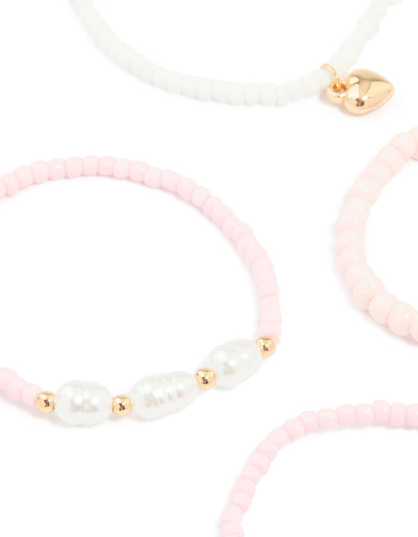 Kids Beaded Pearl Bow Stretch Bracelets 7-Pack