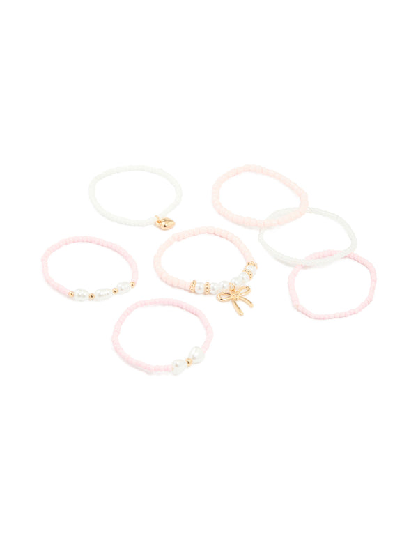Kids Beaded Pearl Bow Stretch Bracelets 7-Pack