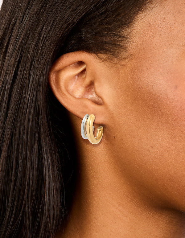 Waterproof Mixed Metal Plated Stainless Steel Double Illusion Hoop Earrings