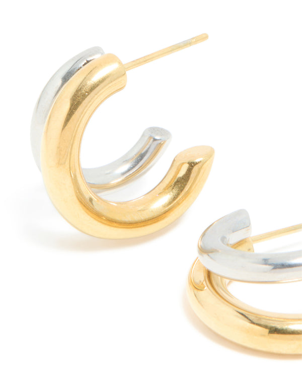Waterproof Mixed Metal Plated Stainless Steel Double Illusion Hoop Earrings